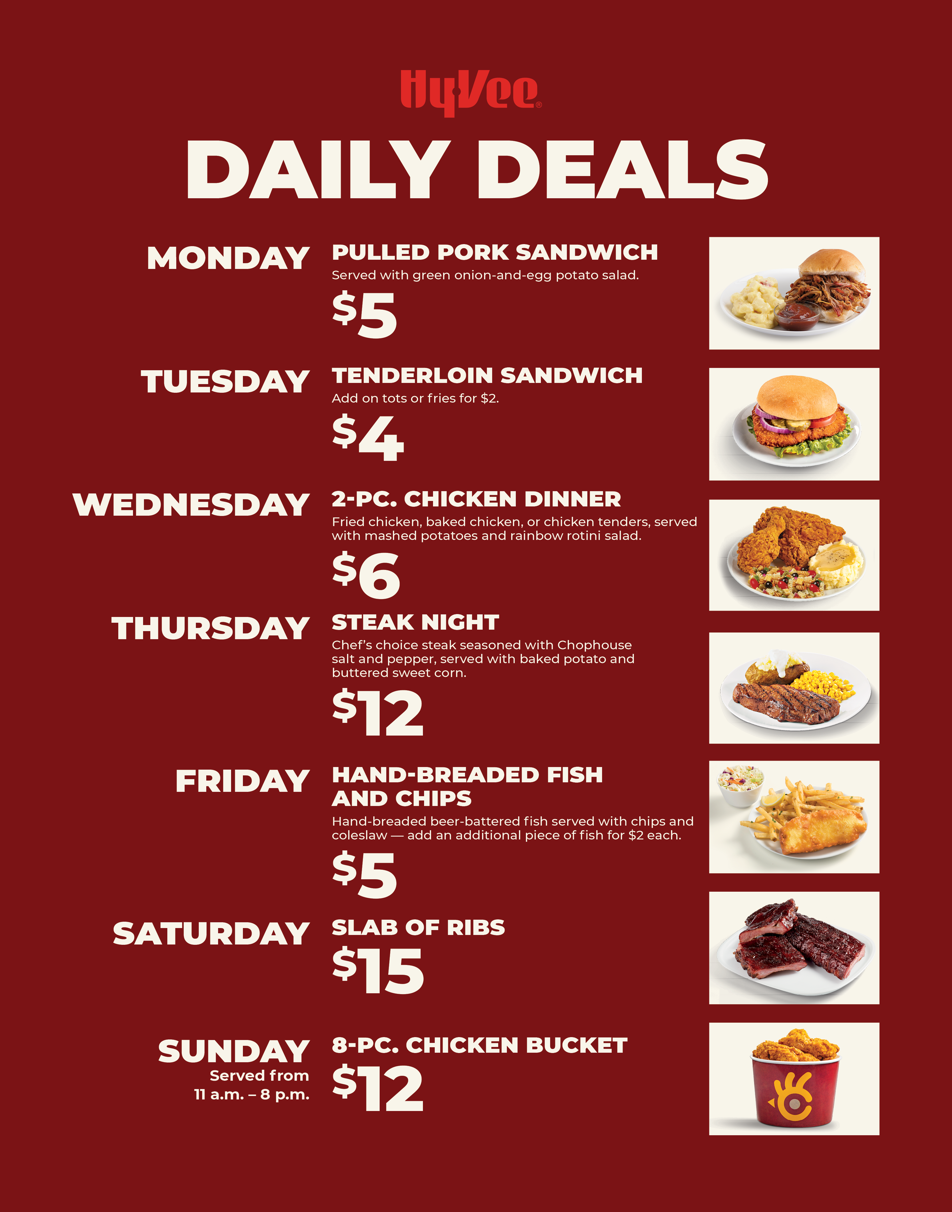 A Hy-Vee promotional graphic advertising “Meal Deals Made for You,” featuring a crispy chicken sandwich and messaging about saving on ready-to-eat meals throughout the week.
